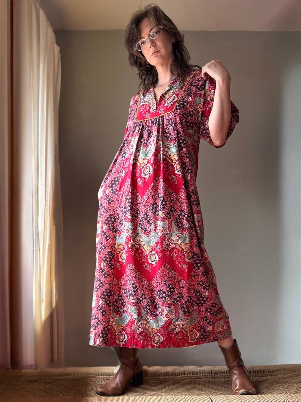 Vintage 70s Patchwork Caftan Dress | Red Cotton Paisley Print Maxi | M-XL